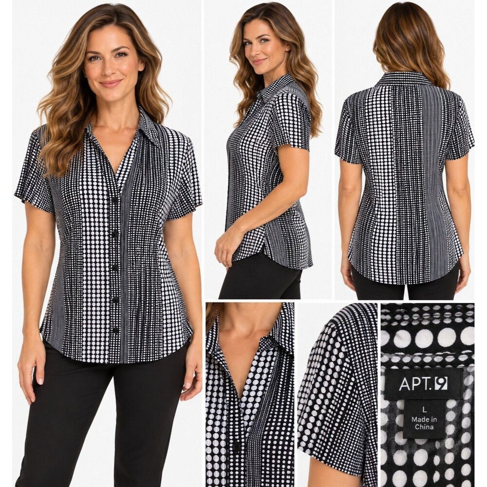 APT. 9 Women's Large Black White Polka Dot Button Front Short Sleeve Blouse